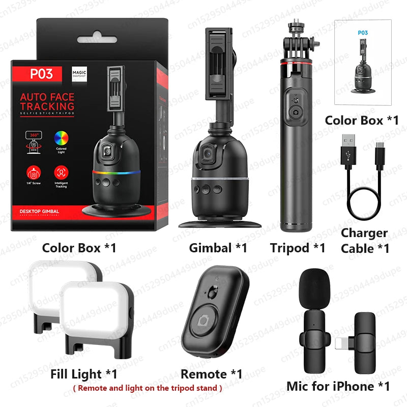 Tripé de Rastreamento Inteligente p/ Câmera de Smartphone // Luz Colorida // Rotação de 360 Graus // Follow Focus // Gimbal p/ Fotografia ao Vivo no TikTok