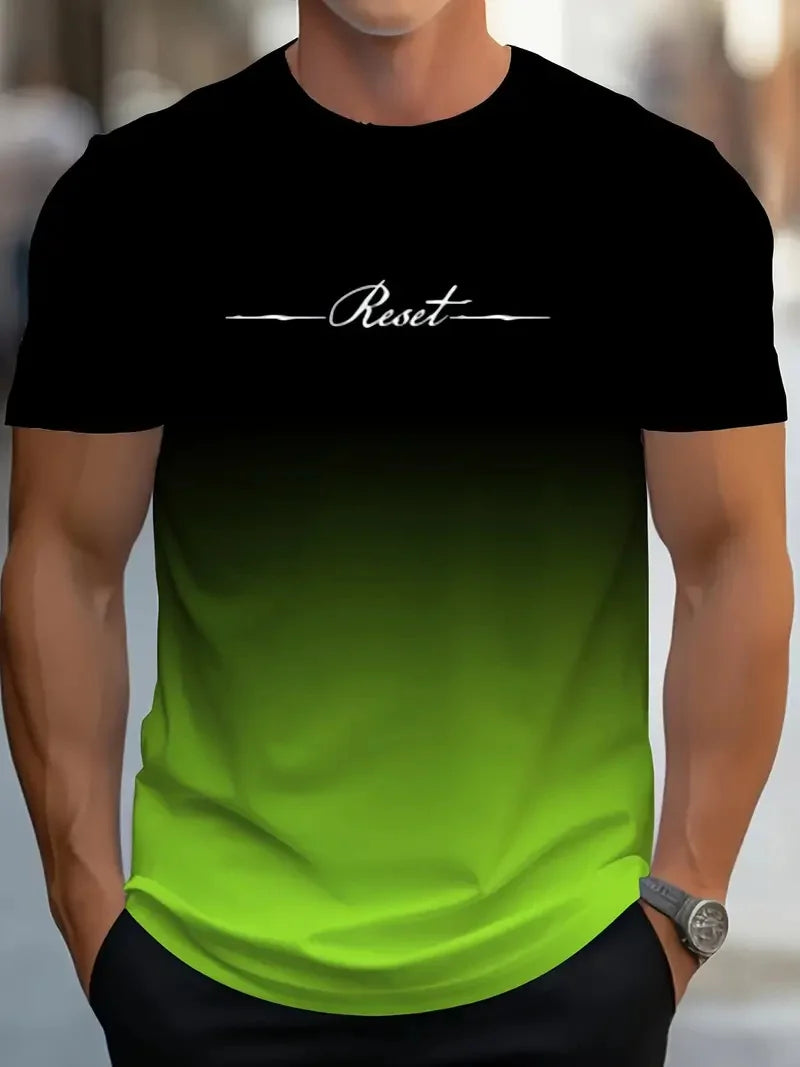 Camiseta Masculina c/ Estampa 3D Gradient Reset Letter // Verão / Casual / Esportiva / Secagem Rápida / Manga Curta // Tamanho Grande // Roupas Masculinas