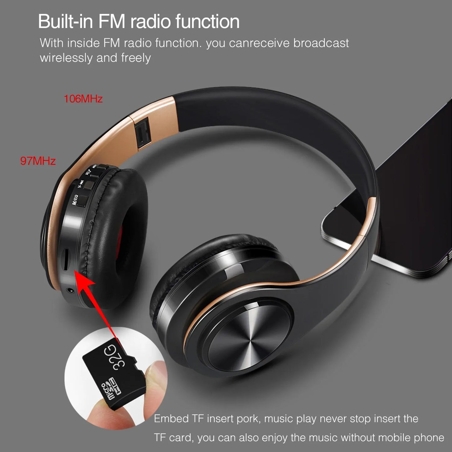 Fones de Ouvido Estéreo HIFI Bluetooth // Fone de Ouvido c/ Música FM e Suporte p/ Cartão SD // Com Microfone p/ Celular Xiaomi / iPhone / Sumsamg / Tablet