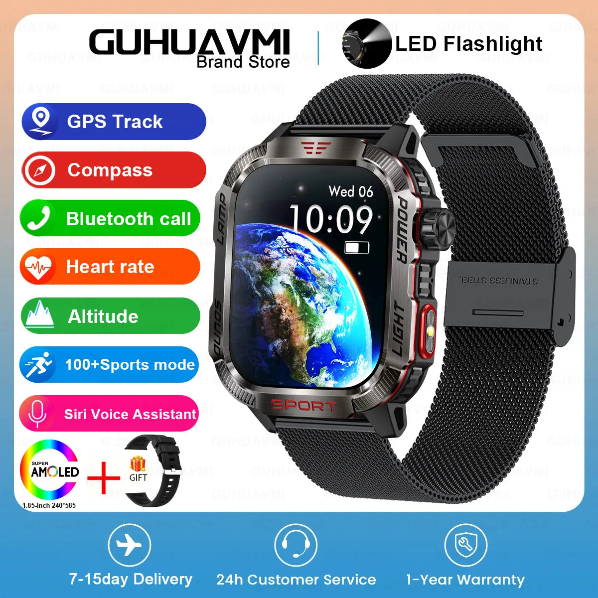 Novo relógio Inteligente Militar Robusto de Fitness 2025 Masculino // Com GPS / Lanterna / Bússola // Bateria de 600 mAh p/ Xiaomi // Relógio Inteligente Esportivo