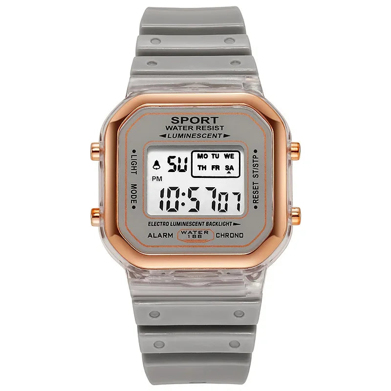 Relógio Eletrônico Transparente de Marca da Moda p/ Estudantes, Relógio de Pulso Feminino Esportivo Multicolorido com LED // À prova d'água // Lindo Presente
