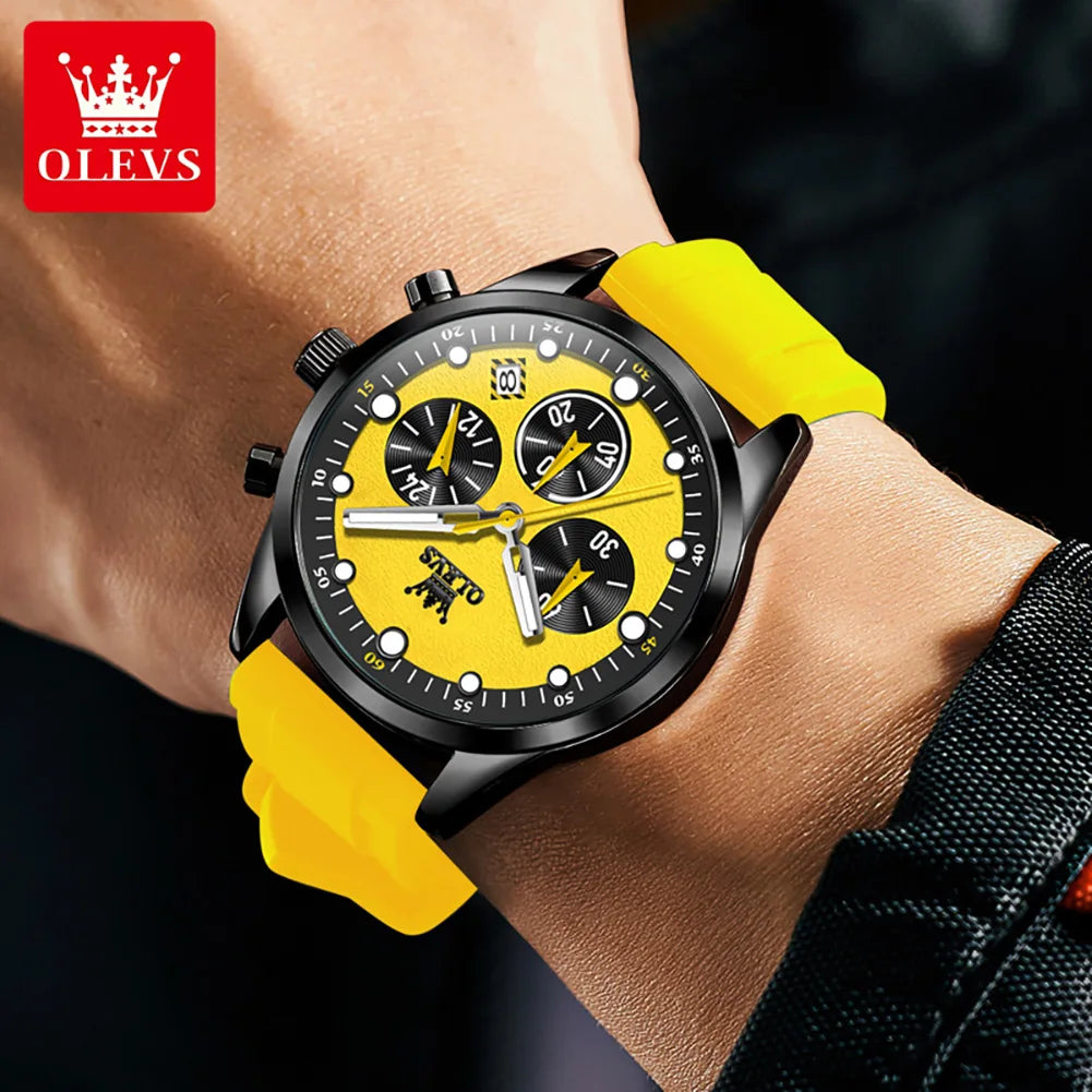 Relógios masculinos originais OLEVS, cronógrafo multifuncional, tendência da moda, pulseira de borracha amarela, luminoso, à prova d'água, relógio de quartzo masculino