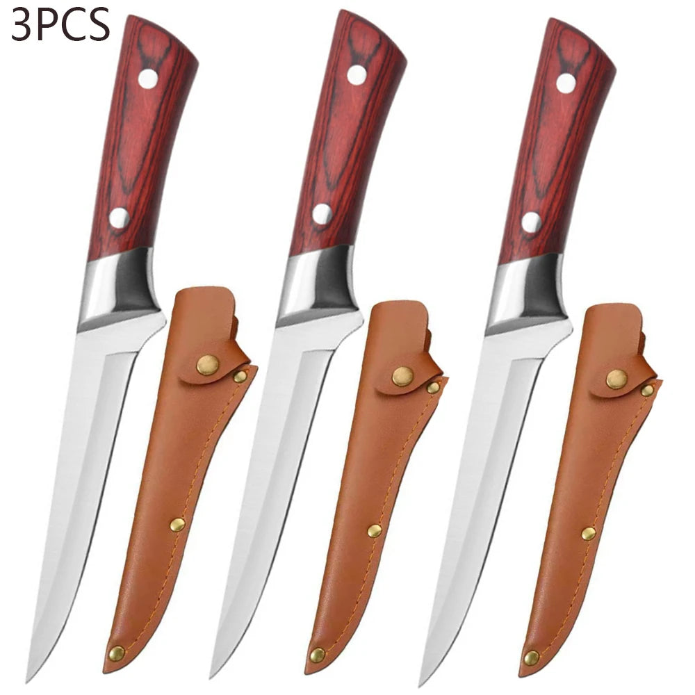 Faca de Cozinha para Desossar // Aço Inoxidável // Faca para Descascar Frutas, Cortar Carne // Cutelo de Açougueiro // Faca de Chef c/ Capa