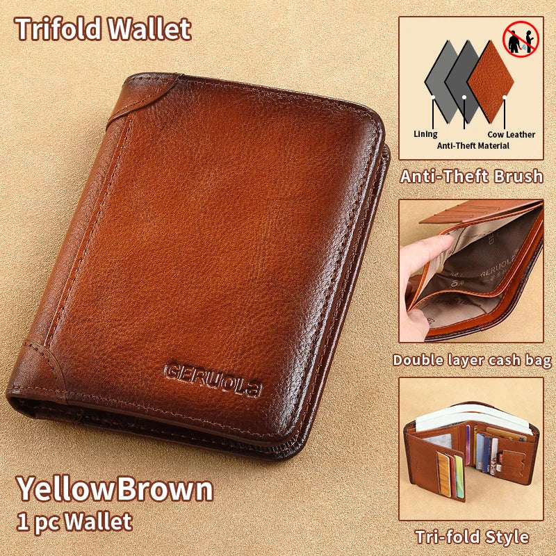 Carteira GERUOLA Slim RFID Blindada em Couro Genuíno para Homens // Porta-Identidade e Cartão de Crédito // Multifuncional // Varias Cores c/ Enfeites