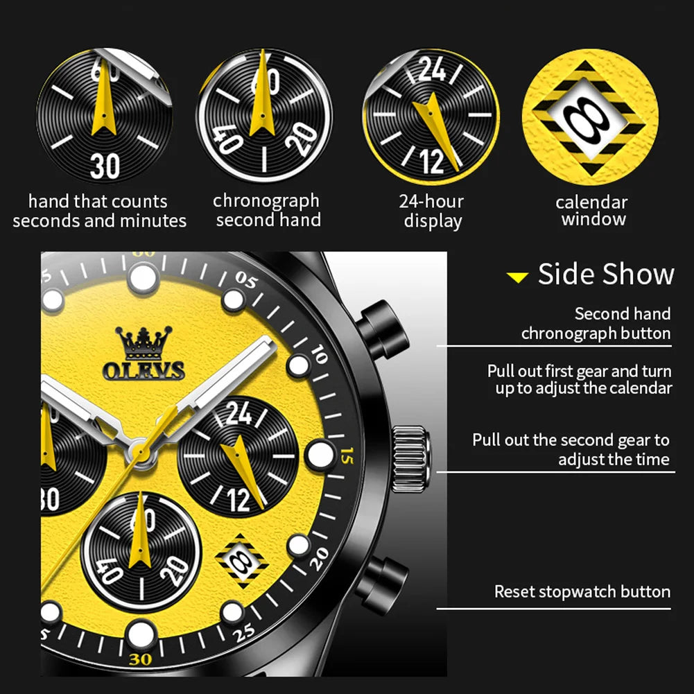 Relógios masculinos originais OLEVS, cronógrafo multifuncional, tendência da moda, pulseira de borracha amarela, luminoso, à prova d'água, relógio de quartzo masculino
