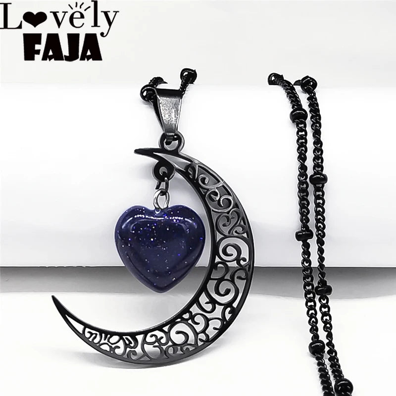 Colar de Pingente de Pedra Natural de Aço Inoxidável Feminino // Colar de Coração de Lua // Joias de Aço Inoxidável Joyeria N6325S03