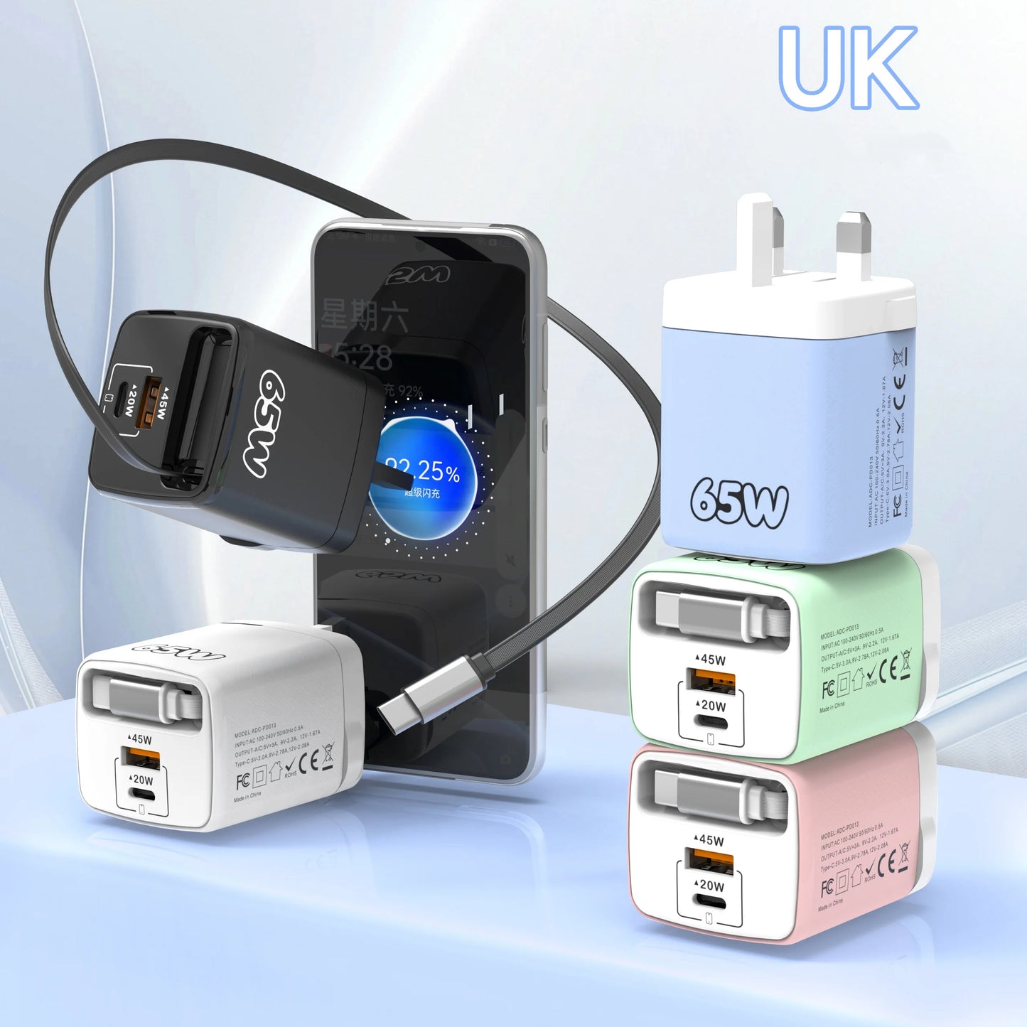 Carregador de Parede USB-C PD de 65W com Cabo USB-C Retrátil e Quick Charge 3.0 // Para iPhone 17 Pro, Samsung e Xiaomi // Padrões UE