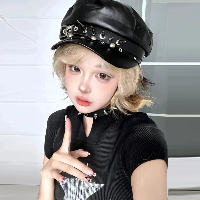 Boina Original da Subcultura Harajuku Y2K p/ Meninas // Gótica / Lolita / Goth / Harajuku // Caveira de Osso // Chapéu Punk Steam