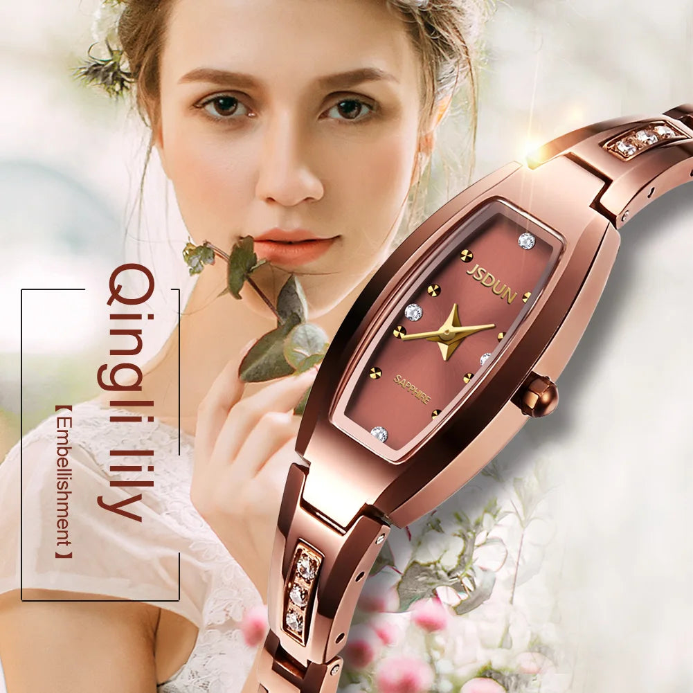 Relógios Femininos de Marca de Luxo JSDUN // Pulseira de Aço de Tungstênio // Relógio de Quartzo Original c/ Diamantes