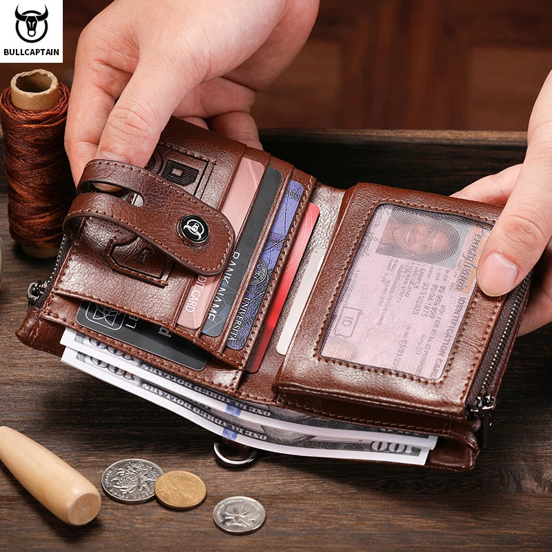 Carteira de Couro Genuíno Masculina BULLCAPTAIN Men's // Carteira Retrô de Pressão, Multifuncional, RFID, Antifurto // Zíper, Multicartão, Bolsa de Moedas