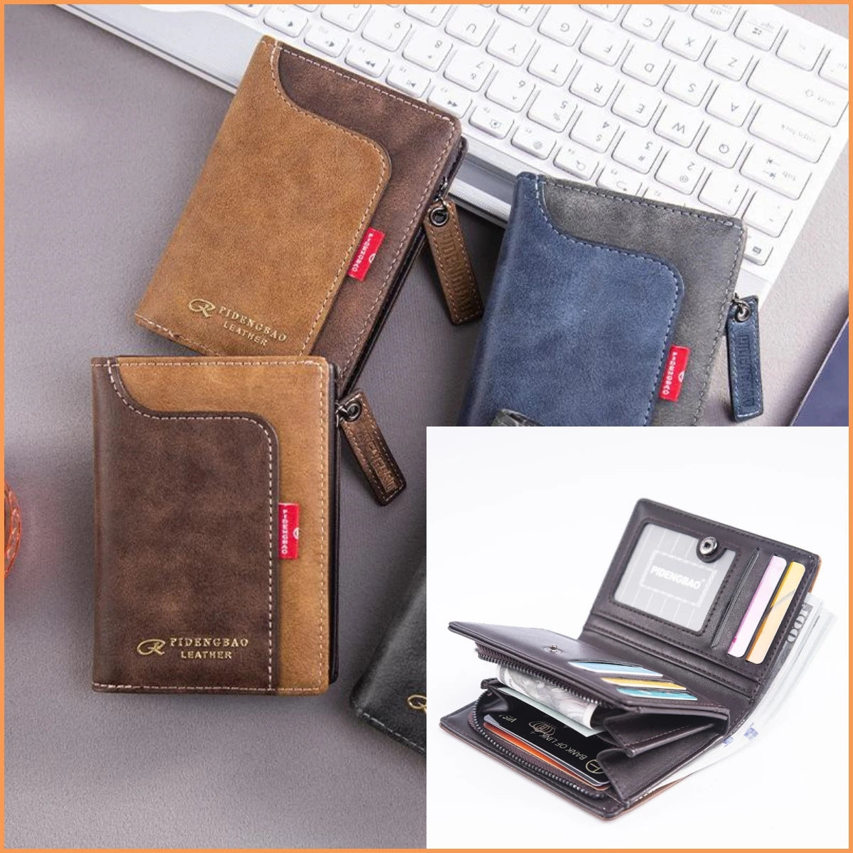 Carteira da Moda Masculina de Couro Sintético c/ Zíper Curto // Porta-Cartões Simples // Couro Macio // Clipe p/ Dinheiro // Porta-Moedas Retrô // Presentes p/ Estudantes