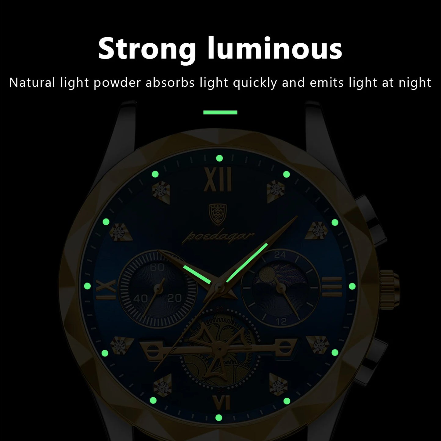 Relógio Masculino de Aço Inoxidável de Luxo POEDAGAR // À Prova d'água / Cronógrafo / Luminoso // Relógio de quartzo