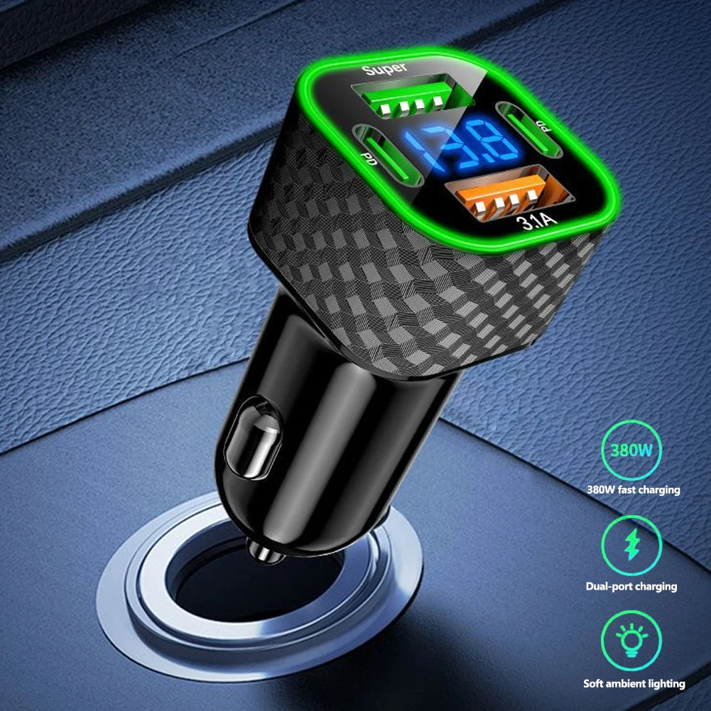 Carregador de Celular p/ Carro // Carga Super Rápida de 380 W // 4 em 1 USB C Dual PD c/ Display de Voltagem // Adaptador para iPhone, Xiaomi, Oppo, Samsung