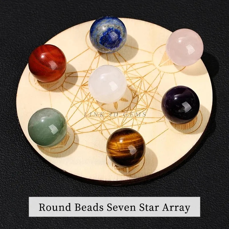 Pedra de cura 7 Chakra Esculpido Reiki // Símbolo // Conjunto de Cristal Plano // Conta Redonda Com Sete Estrelas // Placa de Madeira Para Meditação e Equilíbrio