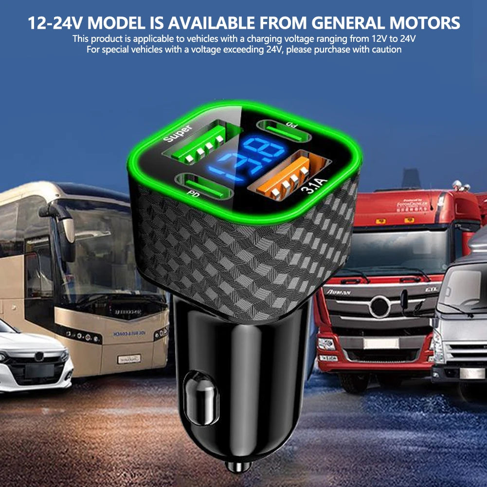 Carregador de Celular p/ Carro // Carga Super Rápida de 380 W // 4 em 1 USB C Dual PD c/ Display de Voltagem // Adaptador para iPhone, Xiaomi, Oppo, Samsung
