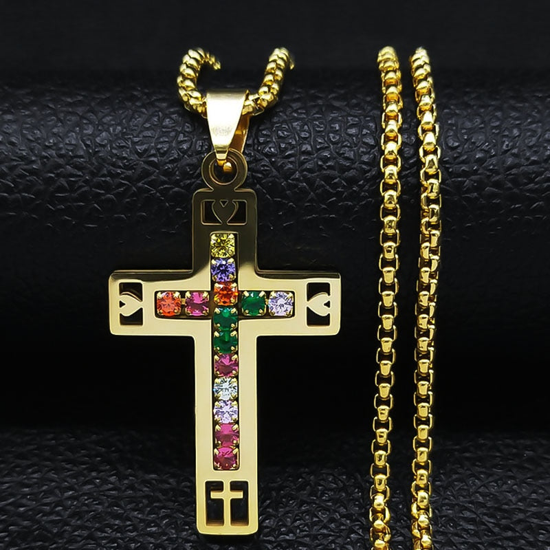 Colar de Aço Inoxidável JYTF c/ Pingente // Cruz Jesus Católico // São Bento de Cristal // Virgem Maria // Lindos Crucifixos, Colares/Jóias/Cruz