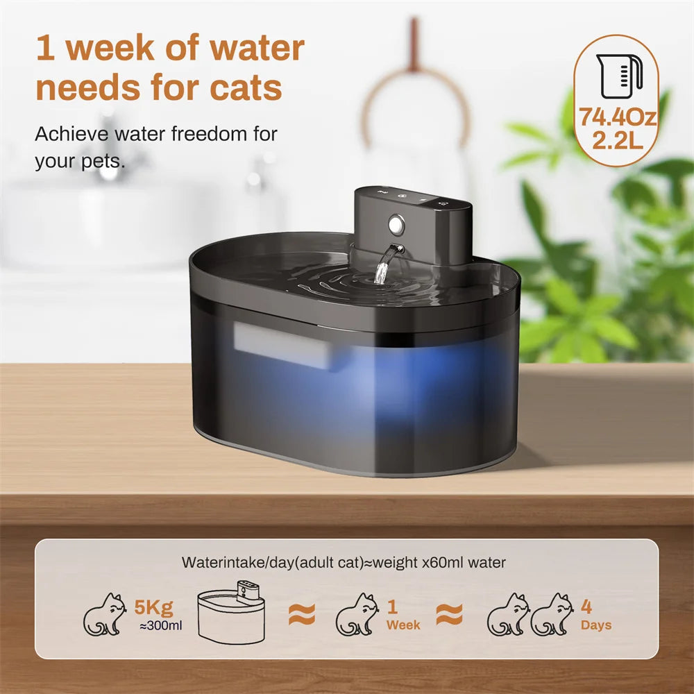 Fonte de Água para Gatos Sem Fio de 2,2 L // Operada por Bateri Fonte de Água Automática para Animais de Estimação com Sensor de Movimento
