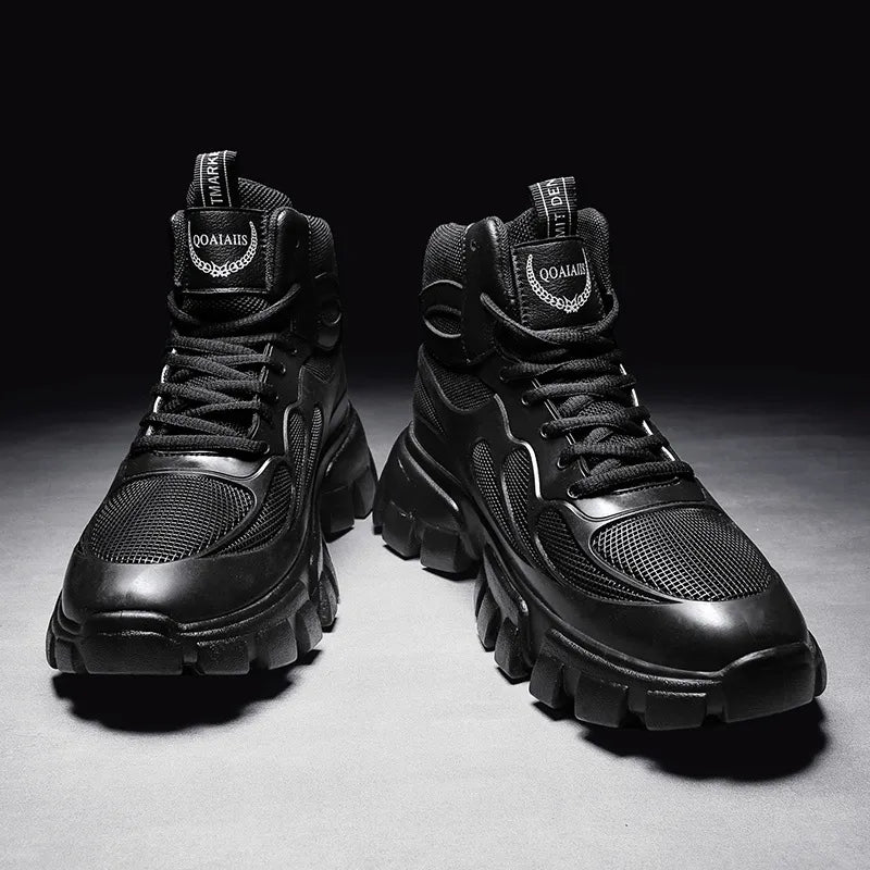 Botas de Couro Preto de Plataforma CHAXIAOA // Esportes ao ar livre // Aumentado / Antiderrapantes // Novos Sapatos de Forma Redonda Alta para Esportes Radicais