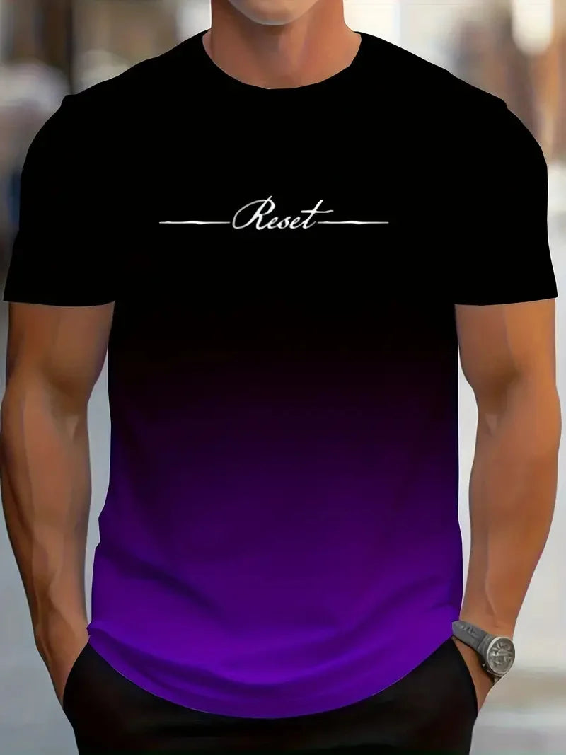 Camiseta Masculina c/ Estampa 3D Gradient Reset Letter // Verão / Casual / Esportiva / Secagem Rápida / Manga Curta // Tamanho Grande // Roupas Masculinas