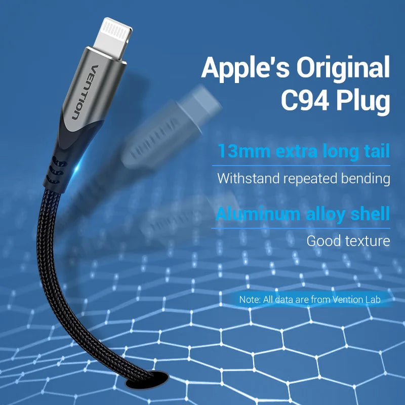 Cabo de Carregamento c/ Certificação Vention-MFi // Cabo PD USB C p/ Lightning p/ iPhone 14, 13, 12, 11 Pro Max, AirPods Pro, iPad XS, 30 W