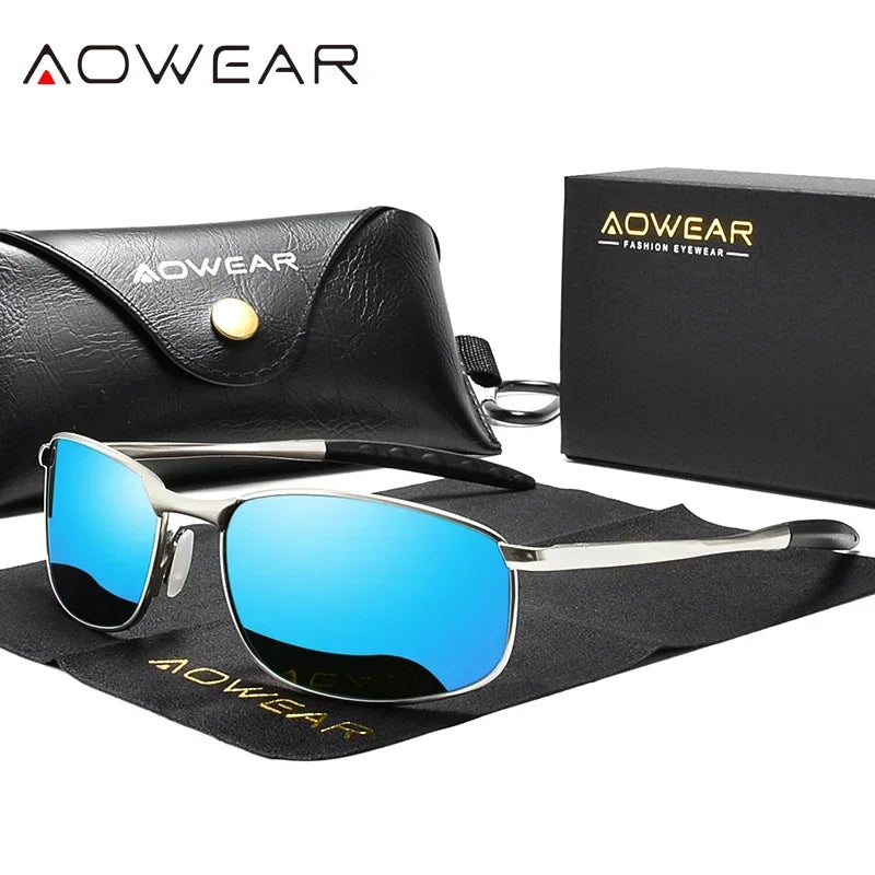 Óculos de Sol Espelhados Polarizados Retrô AOWEAR Unissex // Óculos de Sol Vintage c/ Proteção UV400 // Óculos de Direção Leves c/ Estojo