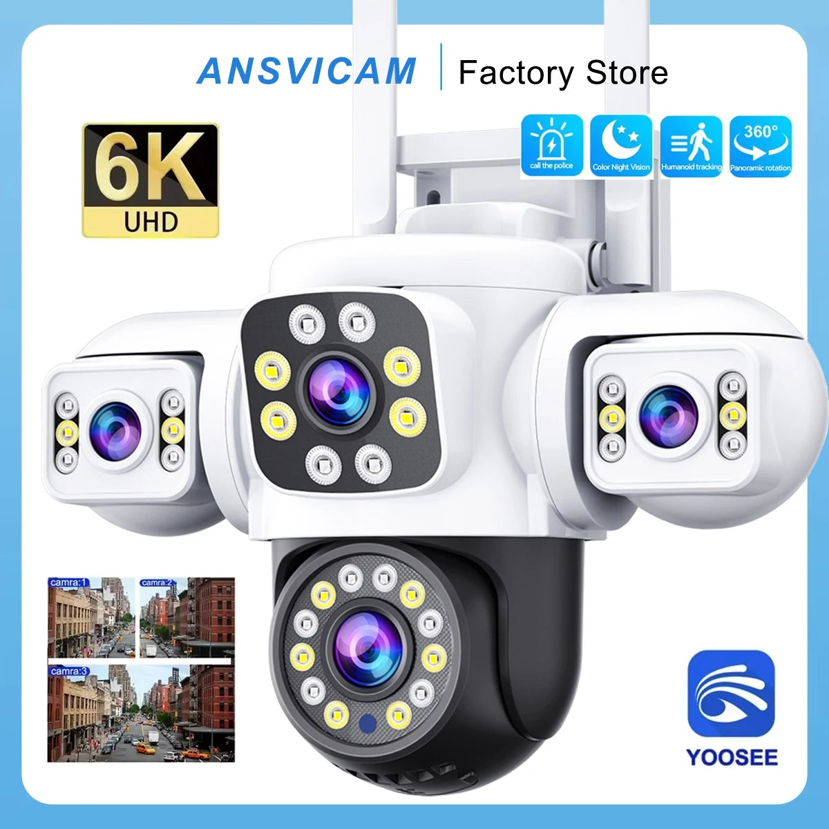 Câmera Externa ANSVICAM 6K 12MP WiFi // Tela Tripla // Lente Tripla PTZ 360° // Câmera p/ Segurança Completa // Vigilância CCTV IP66 Yoosee