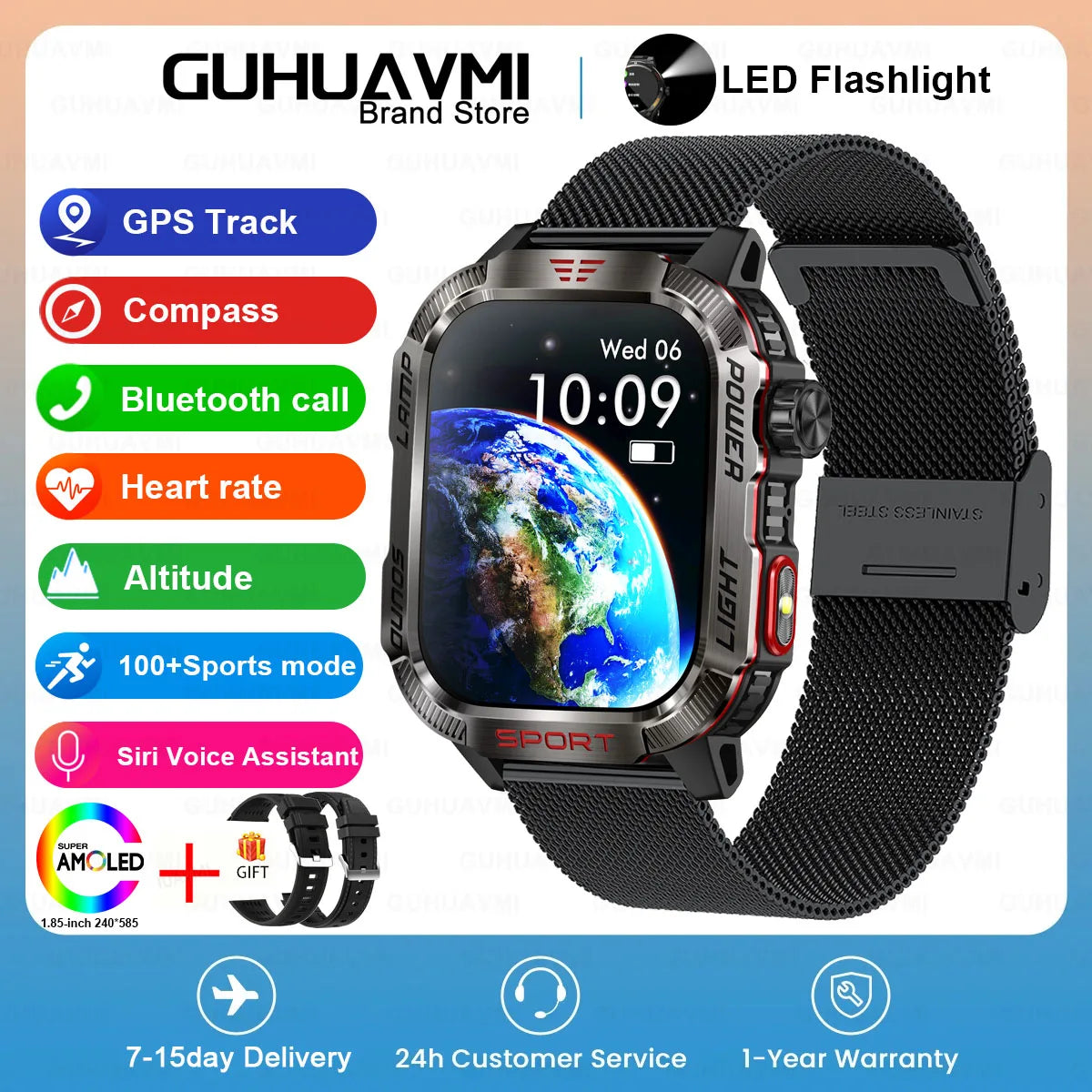 Novo relógio Inteligente Militar Robusto de Fitness 2025 Masculino // Com GPS / Lanterna / Bússola // Bateria de 600 mAh p/ Xiaomi // Relógio Inteligente Esportivo