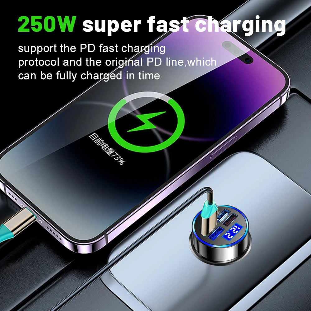 Carregador de Carro VUMPACH LED 250W 5 Portas de Carga Rápida PD QC3.0 USB C // Carregador de Telefone de Carro // Adaptador tipo C no Carro para Iphone / Samsung / Huawei / Xiaomi