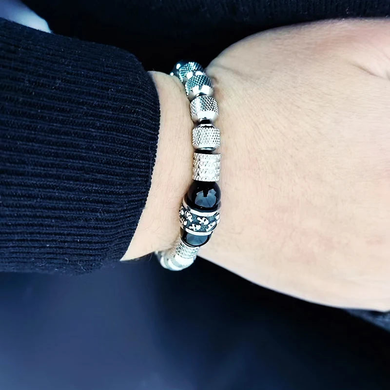 Pulseira Masculina de Luxo c/ Pingente de Caveira em Aço Inoxidável e Contas de Pedra Tigre // Joia Artesanal