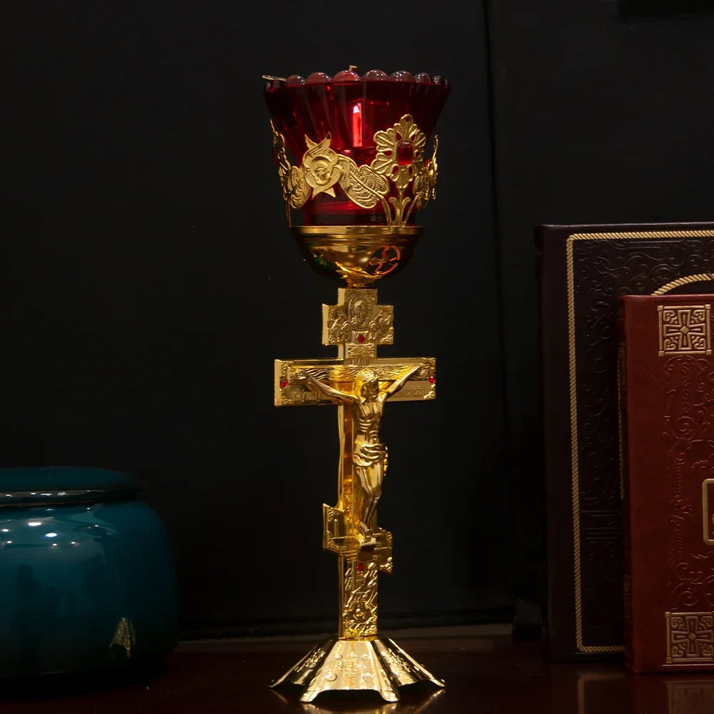 Lâmpada de Óleo de Mesa HTISOK p/ Vigília Ortodoxa // Lâmpada de Óleo de Metal c/ Design de Jesus Ortodoxo // Para uso em Adoração Doméstica
