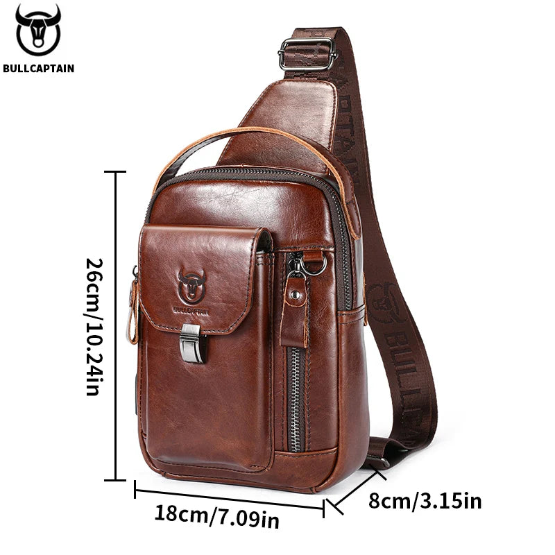 Bolsa de Peito de Couro Genuíno Masculina BULLCAPTAIN // Casual Retrô de 7,9 Polegadas // Bolsa para Celular Multifuncional Antirroubo // Bolsa Crossbody