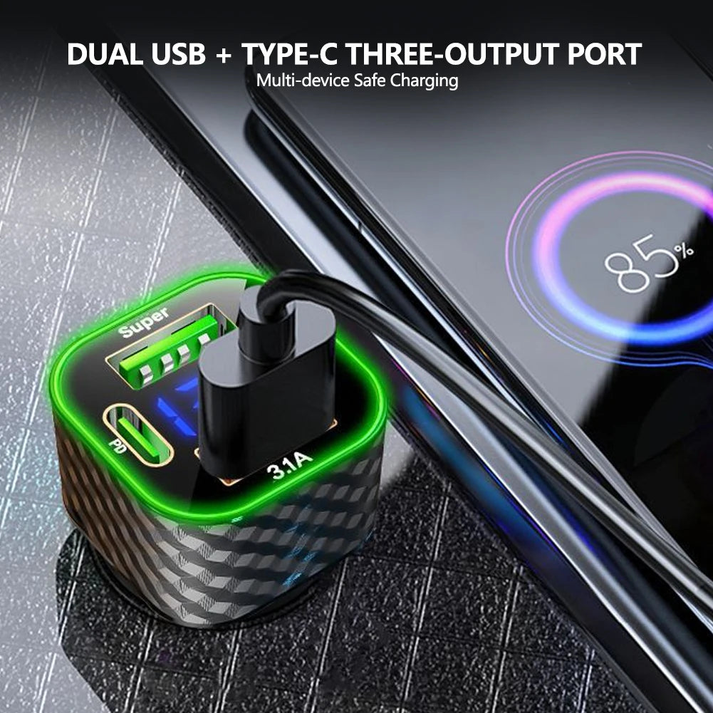 Carregador de Celular p/ Carro // Carga Super Rápida de 380 W // 4 em 1 USB C Dual PD c/ Display de Voltagem // Adaptador para iPhone, Xiaomi, Oppo, Samsung