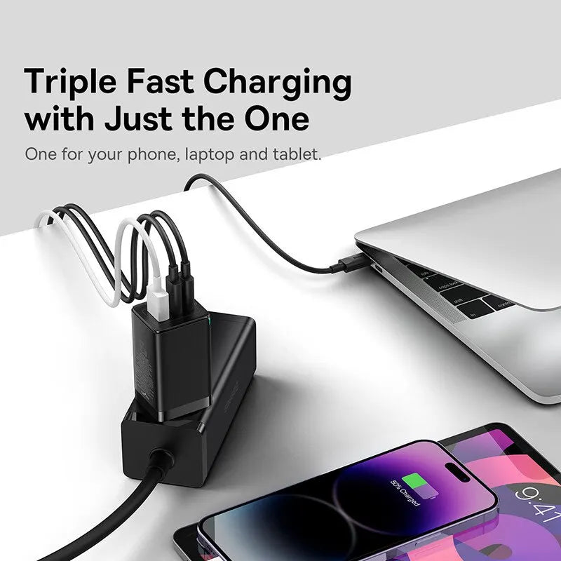 Carregador Baseus 65W GaN Quick Charge 4.0 3.0 Tipo C PD USB // Carregador Portátil QC4.0 3.0 // Carregador Rápido p/ Laptop iPhone 14 13