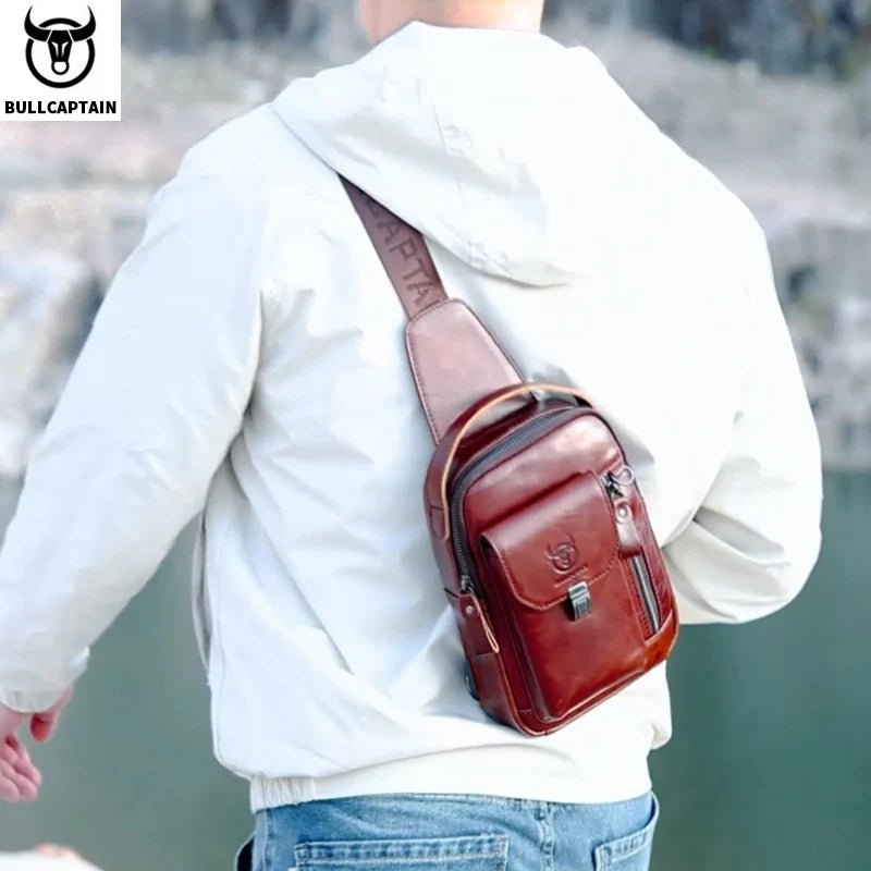 Bolsa de Peito de Couro Genuíno Masculina BULLCAPTAIN // Casual Retrô de 7,9 Polegadas // Bolsa para Celular Multifuncional Antirroubo // Bolsa Crossbody