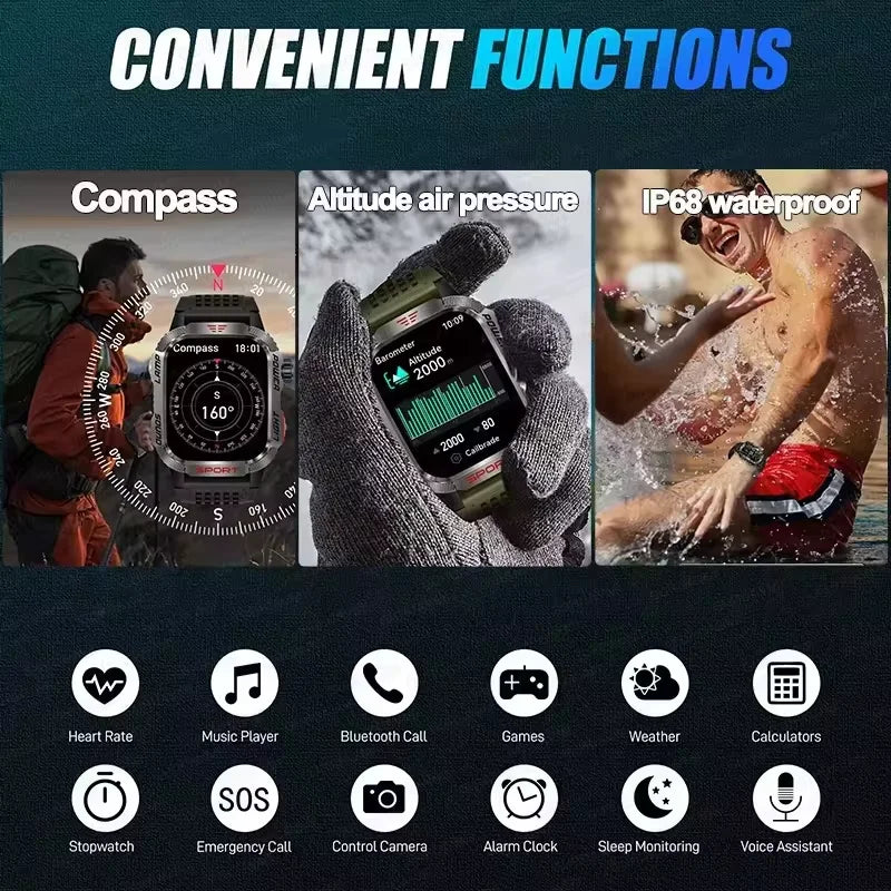 Novo relógio Inteligente Militar Robusto de Fitness 2025 Masculino // Com GPS / Lanterna / Bússola // Bateria de 600 mAh p/ Xiaomi // Relógio Inteligente Esportivo