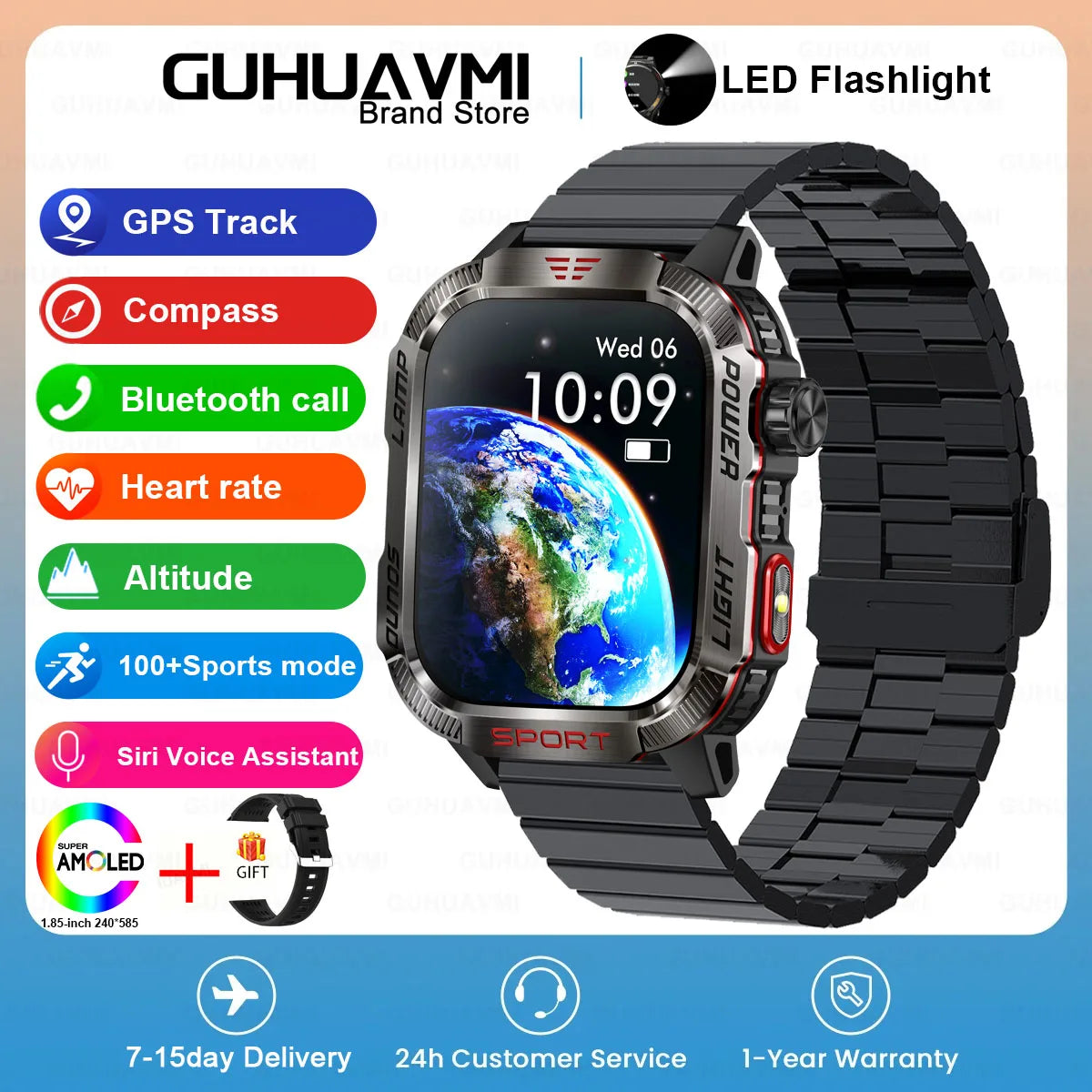Novo relógio Inteligente Militar Robusto de Fitness 2025 Masculino // Com GPS / Lanterna / Bússola // Bateria de 600 mAh p/ Xiaomi // Relógio Inteligente Esportivo