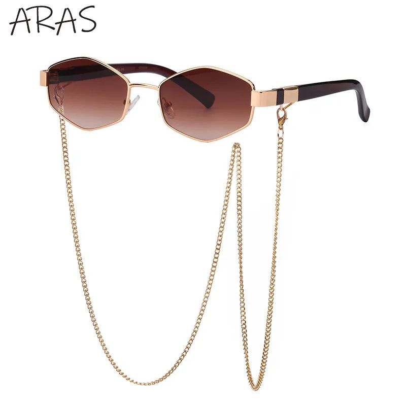 Óculos de Sol Femininos Hexagonais Retrô da Moda com Corrente // Armação Pequena // Designer de Marca 2025