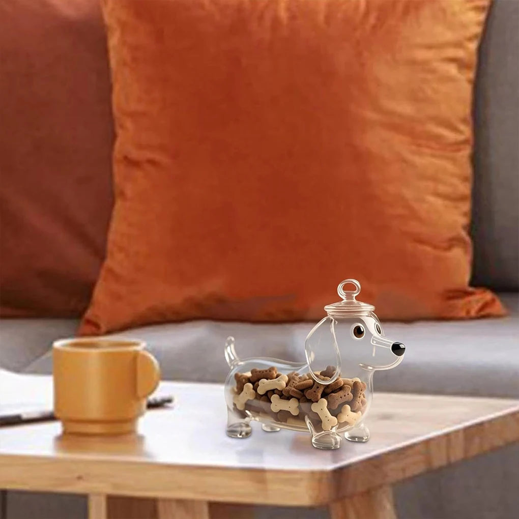 Pote de Vidro p/ Petiscos c/ Tema de Cachorro Dachshund // Com Tampa Hermética // Ideal p/ Armazenar Alimentos e Guloseimas p/ Cães.