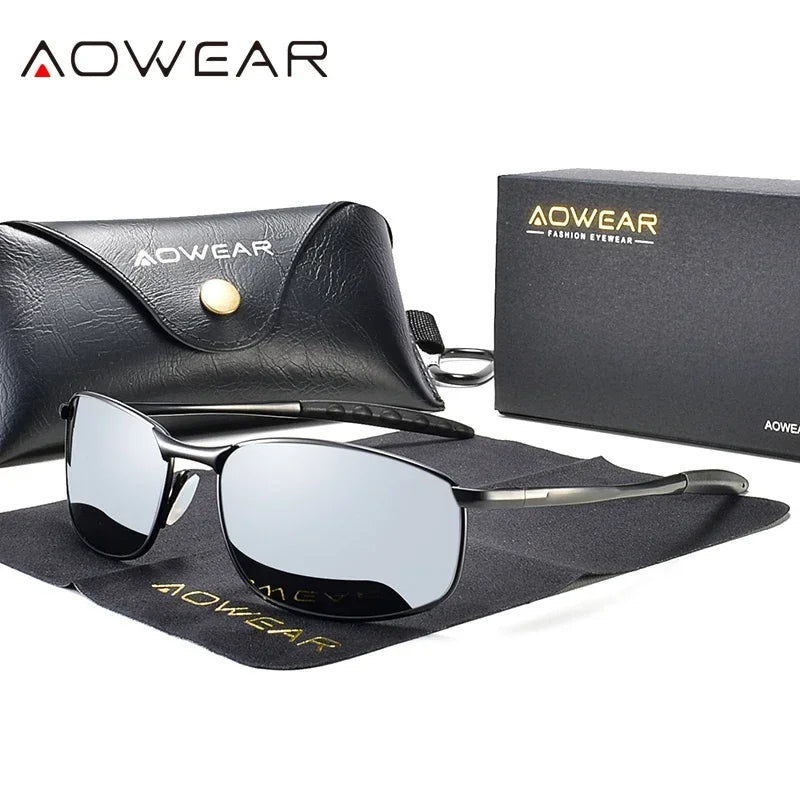 Óculos de Sol Espelhados Polarizados Retrô AOWEAR Unissex // Óculos de Sol Vintage c/ Proteção UV400 // Óculos de Direção Leves c/ Estojo