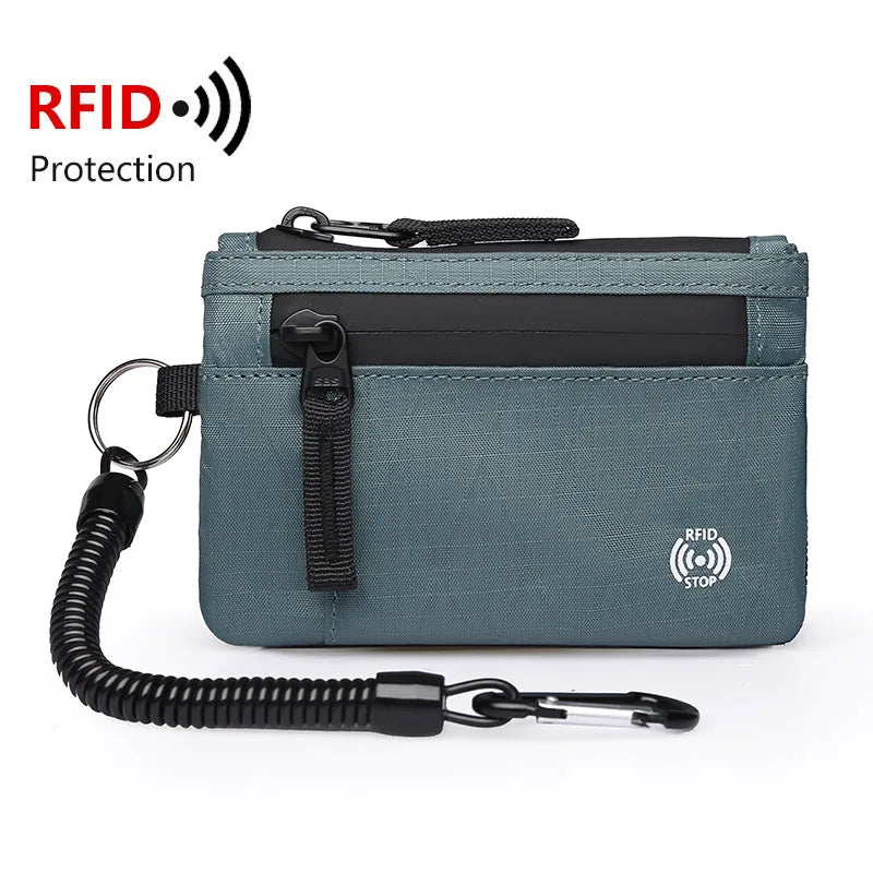 Carteira Masculina RFID Porta-Cartões // De Nylon // Fina com Zíper // Porta-Cartões // Bolsa Tática Masculina // Porta-Moedas c/ Mosquetão