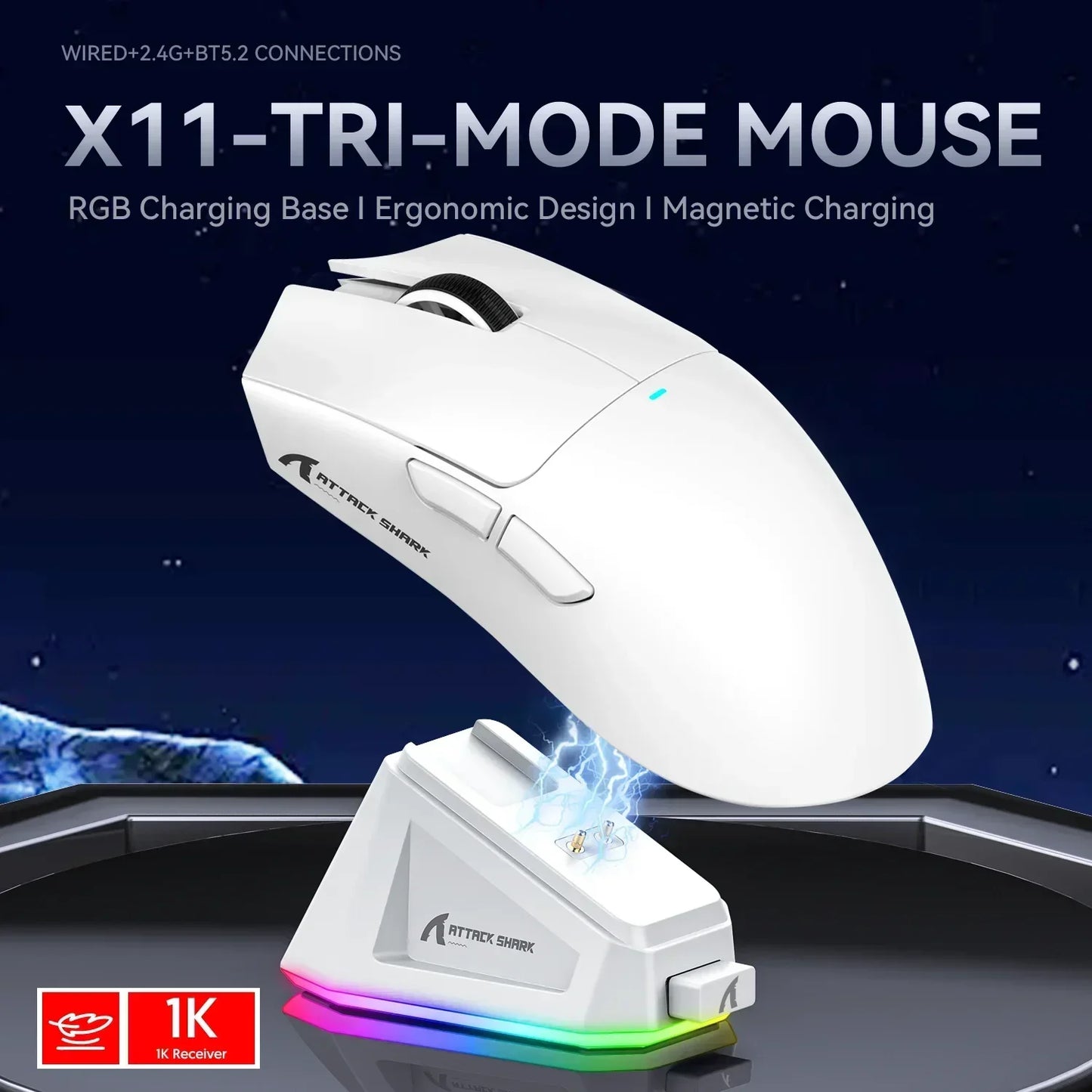 Mouse p/ jJogos Attack Shark X11 Tri Mode PAW3311 2.4G // Magnético / Recarregável / Ultraleve / Sem Fio // Para PC e Laptop
