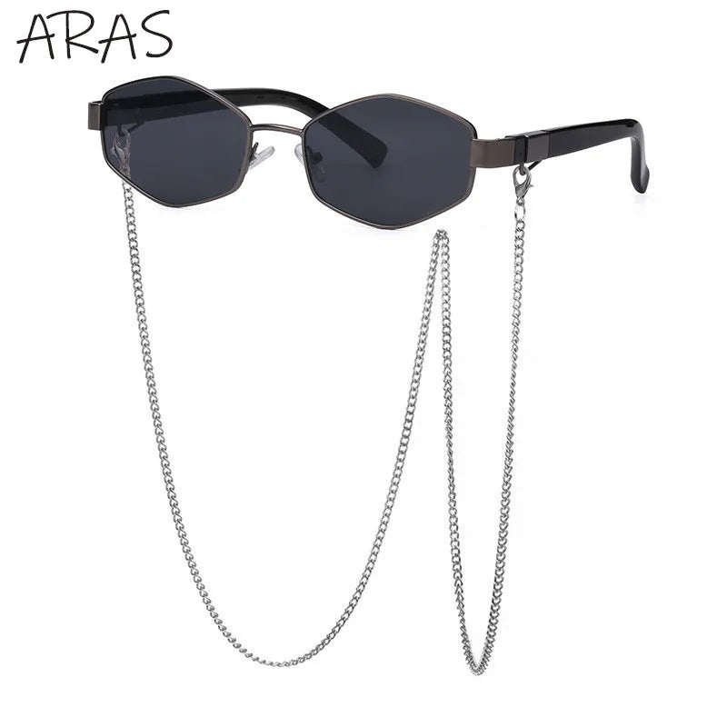 Óculos de Sol Femininos Hexagonais Retrô da Moda com Corrente // Armação Pequena // Designer de Marca 2025