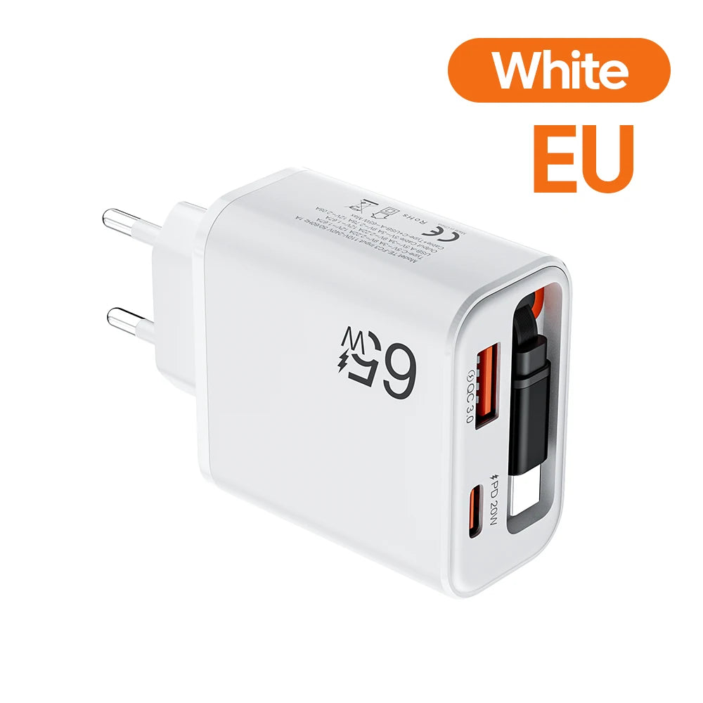 Carregador Rápido USB-C de 65W com Cabo Tipo-C Retrátil e Carregamento Rápido PD // Para iPhone 16/15, MacBook, Notebook Samsung e iPad (Plugue UE)