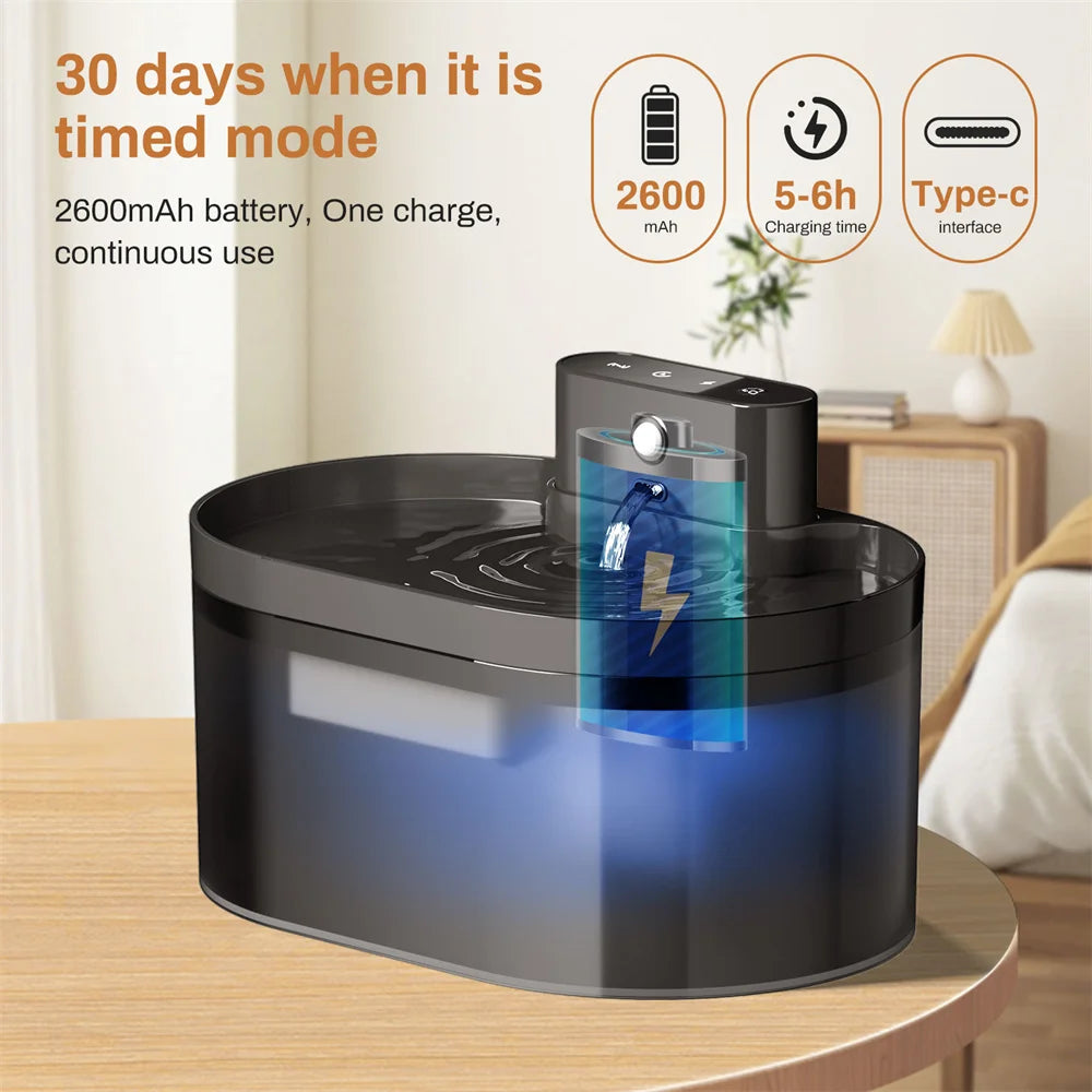 Fonte de Água para Gatos Sem Fio de 2,2 L // Operada por Bateri Fonte de Água Automática para Animais de Estimação com Sensor de Movimento