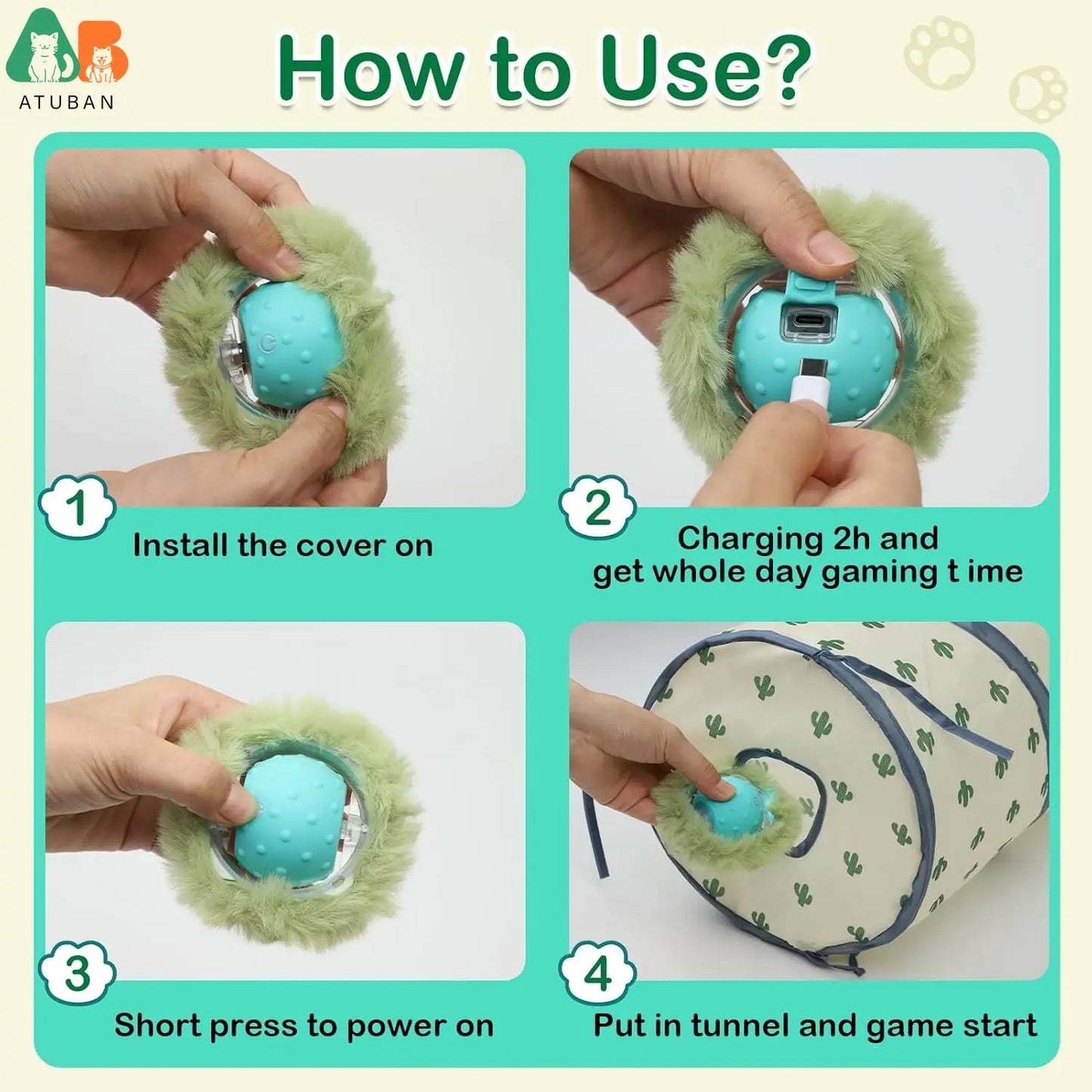 Brinquedos p/ Gatos ATUBAN // Bola Elétrica para Gatos de Rolamento Rápido em Bolsa // Brinquedo para Gatos com Chilrear Ativado por Movimento // Brinquedo para Gatos de Esconde-Esconde