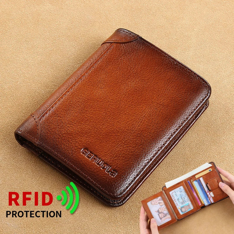 Carteira GERUOLA Slim RFID Blindada em Couro Genuíno para Homens // Porta-Identidade e Cartão de Crédito // Multifuncional // Varias Cores c/ Enfeites