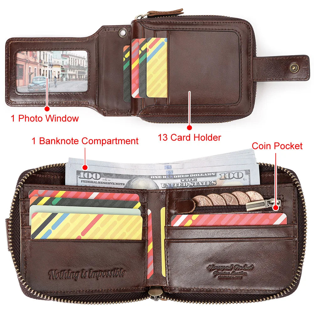 Carteira de Couro Genuíno Humerpaul com Bloquador RFID de Sinal p/ Cartões // Com Janela P/ Identidade e Compartimento Multifuncional com Zíper e Bolsa de Moedas