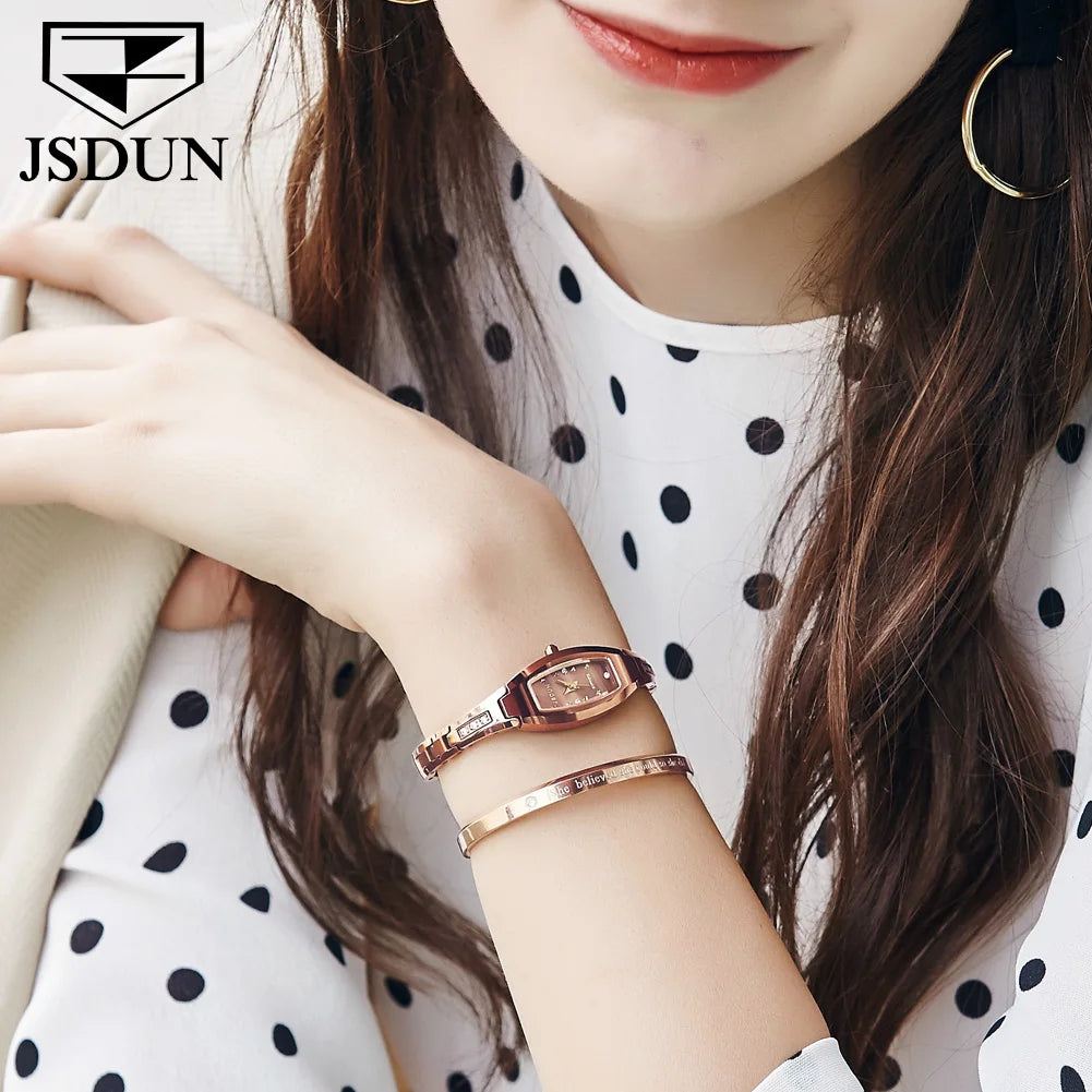 Relógios Femininos de Marca de Luxo JSDUN // Pulseira de Aço de Tungstênio // Relógio de Quartzo Original c/ Diamantes