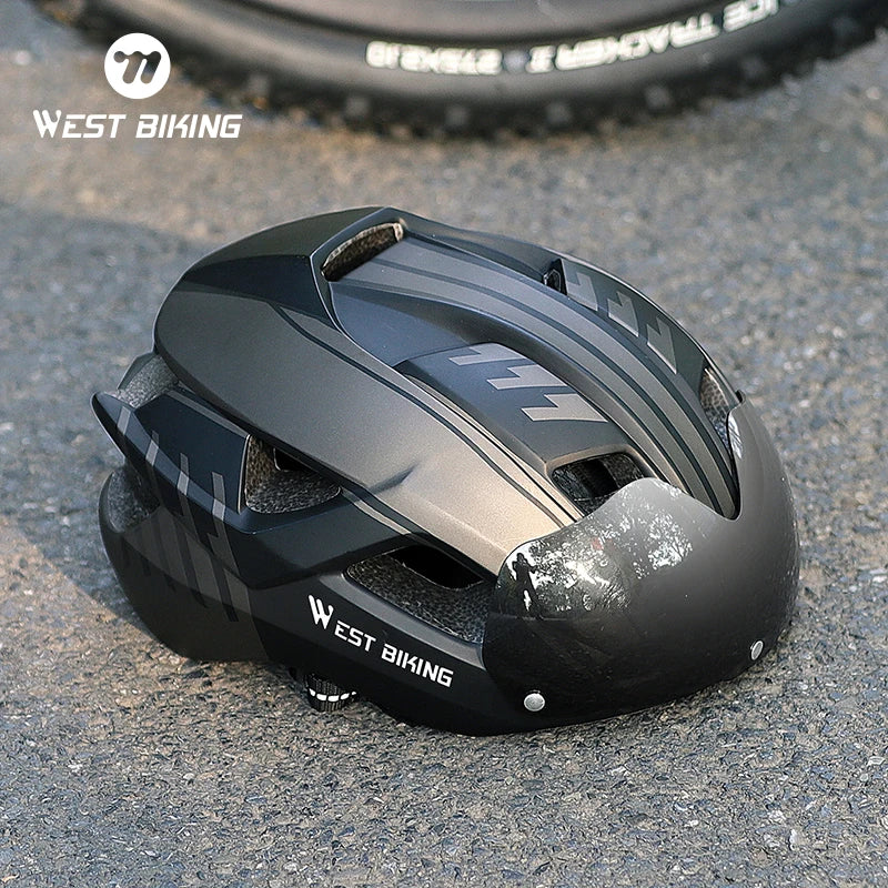 Capacete de Ciclismo Com Luz Traseira e Óculos Viseira de Sol WEST BIKING // Capacete de Bicicleta MTB p/ Homens e Mulheres // Capacete de Segurança