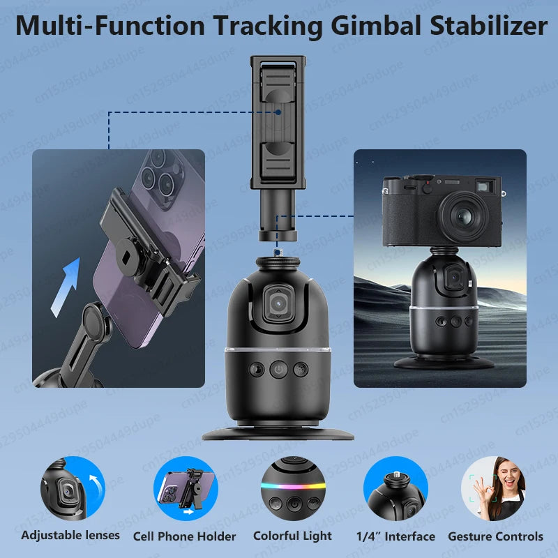 Tripé de Rastreamento Inteligente p/ Câmera de Smartphone // Luz Colorida // Rotação de 360 Graus // Follow Focus // Gimbal p/ Fotografia ao Vivo no TikTok